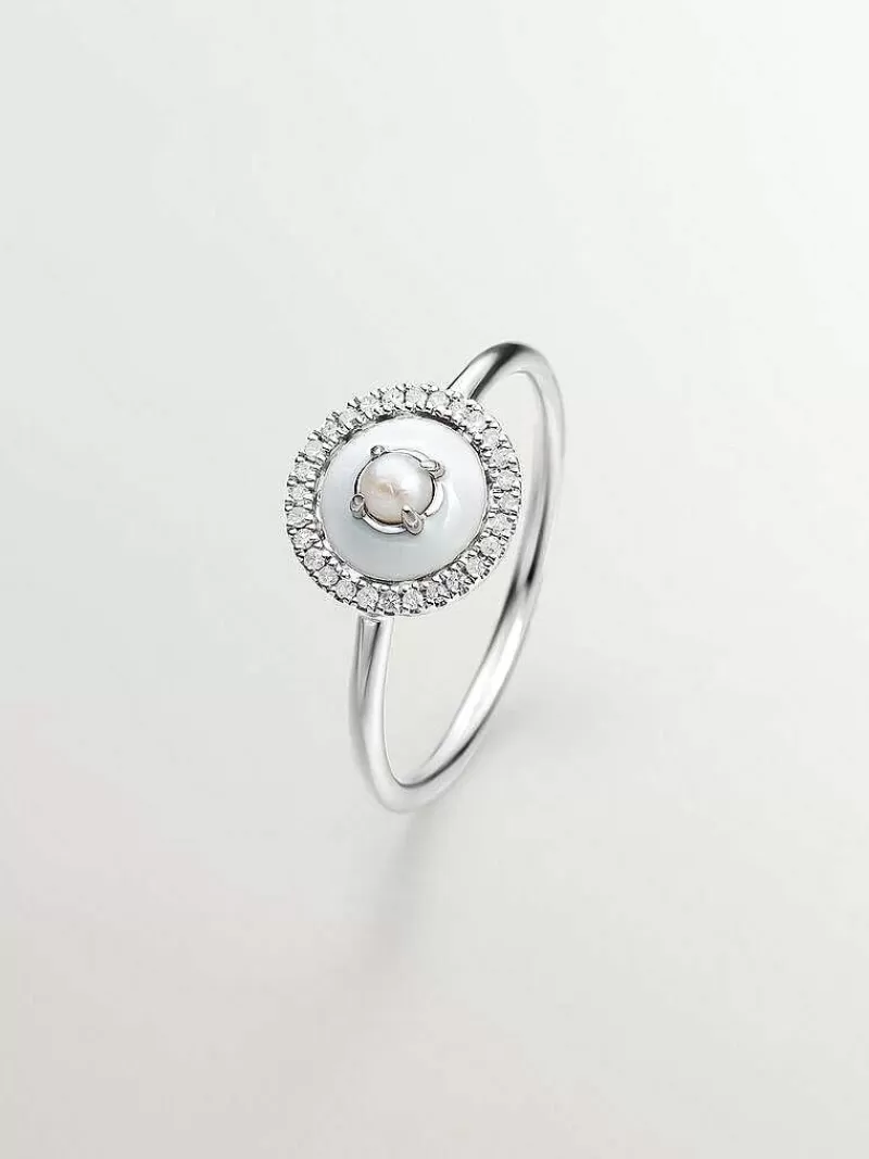 Aristocrazy Anillos De Plata-Anillo De Plata 925 Y Oro Blanco De 18K Con Perla Blanca, Diamantes Blancos Y Esmalte Gris