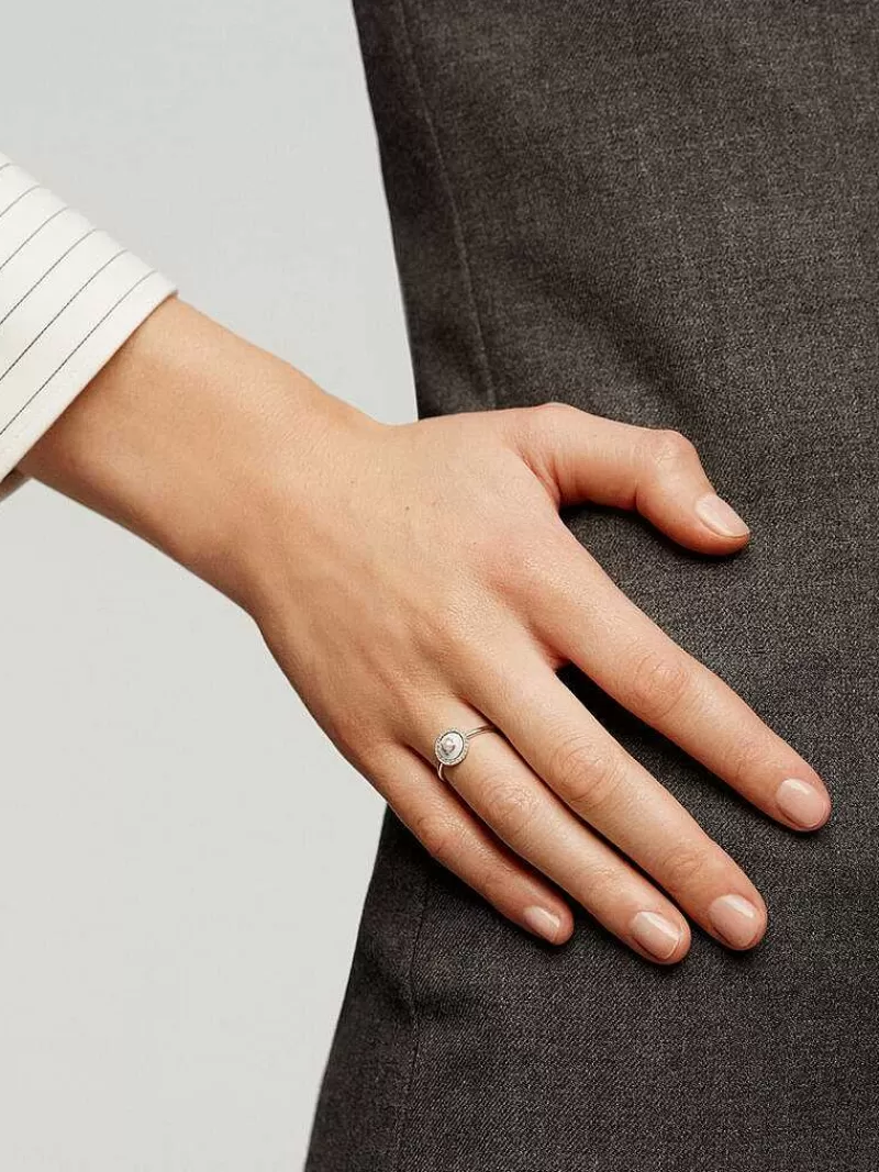 Aristocrazy Anillos De Plata-Anillo De Plata 925 Y Oro Blanco De 18K Con Perla Blanca, Diamantes Blancos Y Esmalte Gris