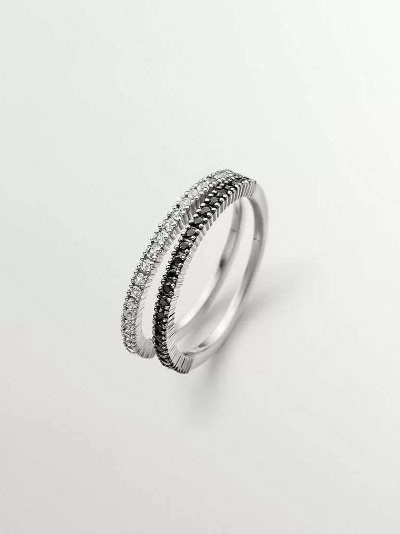 Aristocrazy Anillos De Plata-Anillo Doble De Plata 925 Con Espinelas Negras Y Topacios Blancos