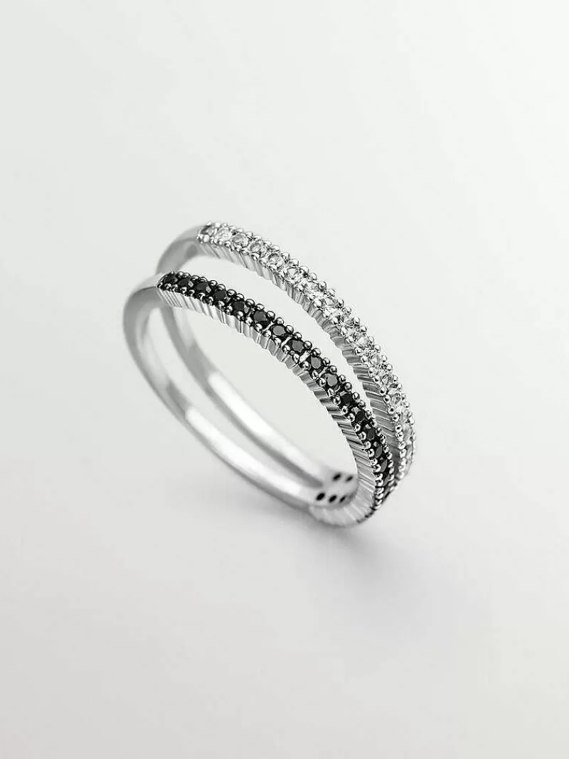 Aristocrazy Anillos De Plata-Anillo Doble De Plata 925 Con Espinelas Negras Y Topacios Blancos