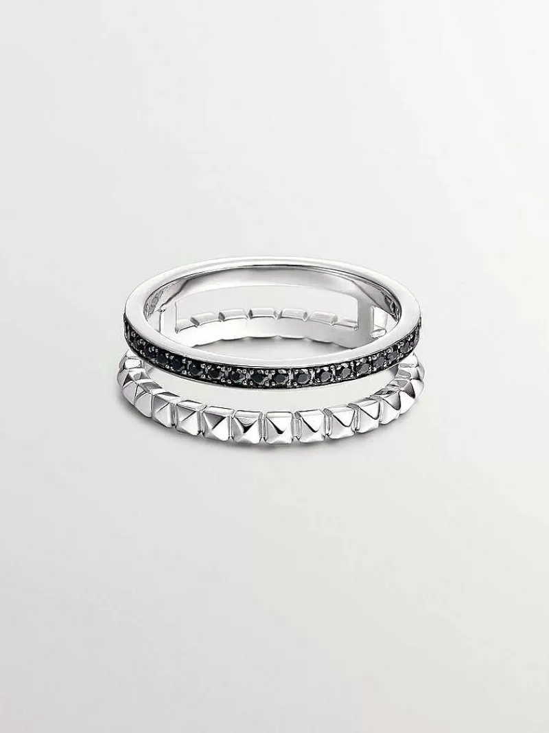 Aristocrazy Anillos De Plata-Anillo Doble De Plata 925 Con Relieve Y Espinelas Negras