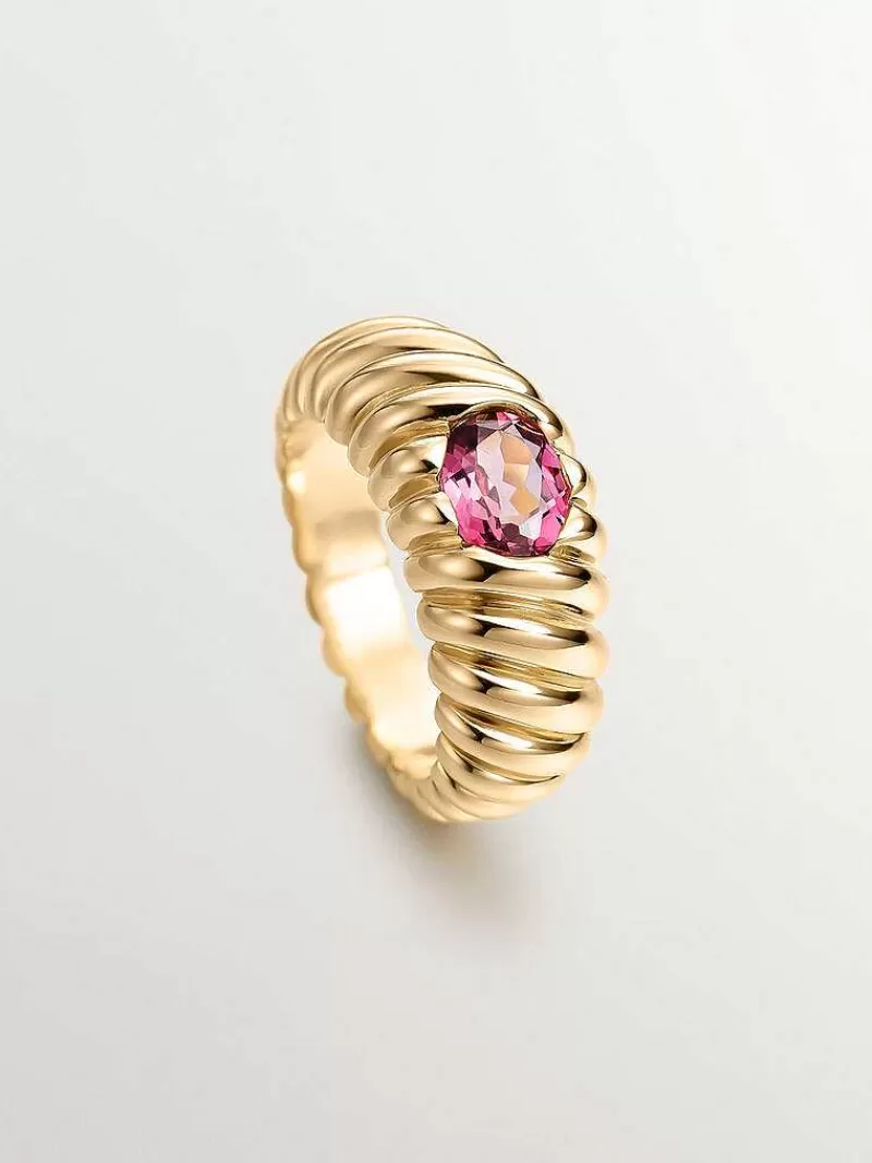 Aristocrazy Anillos De Plata-Anillo Gallonado De Plata 925 Banada En Oro Amarillo De 18K Con Rodolita Rosa