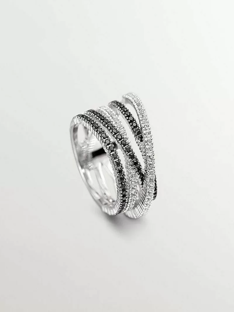 Aristocrazy Anillos De Plata-Anillo Multibrazo Cruzado De Plata 925 Con Topacios Blancos Y Espinelas Negras