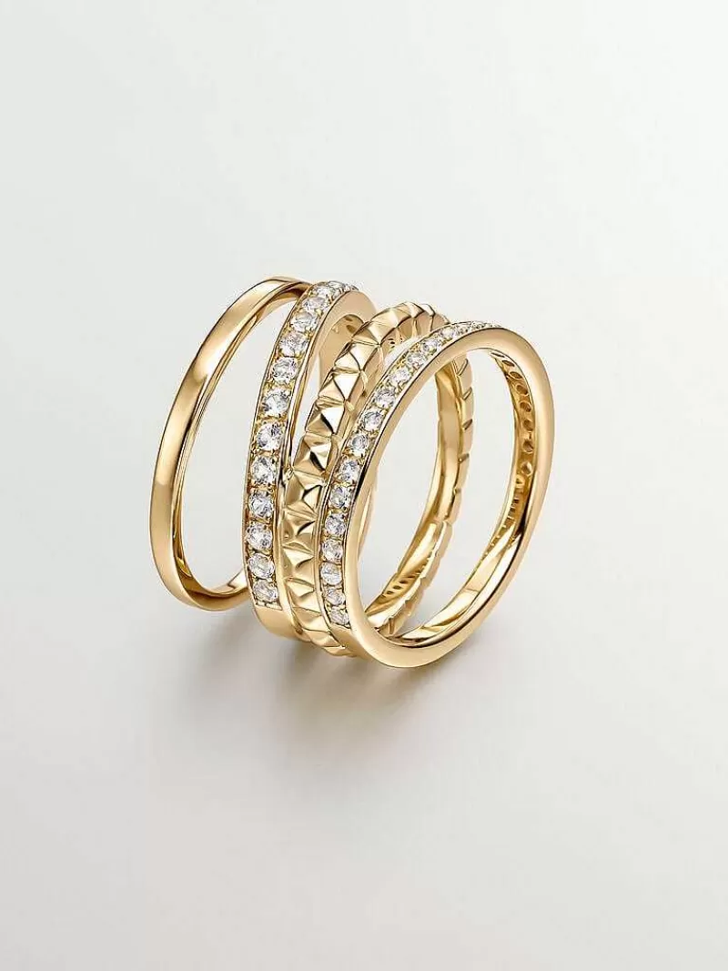 Aristocrazy Anillos De Plata-Anillo Multibrazo De Plata 925 Banada En Oro Amarillo De 18K Con Relieve Y Topacios Blancos
