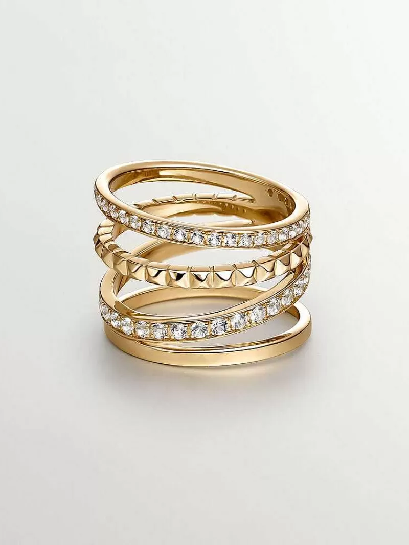 Aristocrazy Anillos De Plata-Anillo Multibrazo De Plata 925 Banada En Oro Amarillo De 18K Con Relieve Y Topacios Blancos