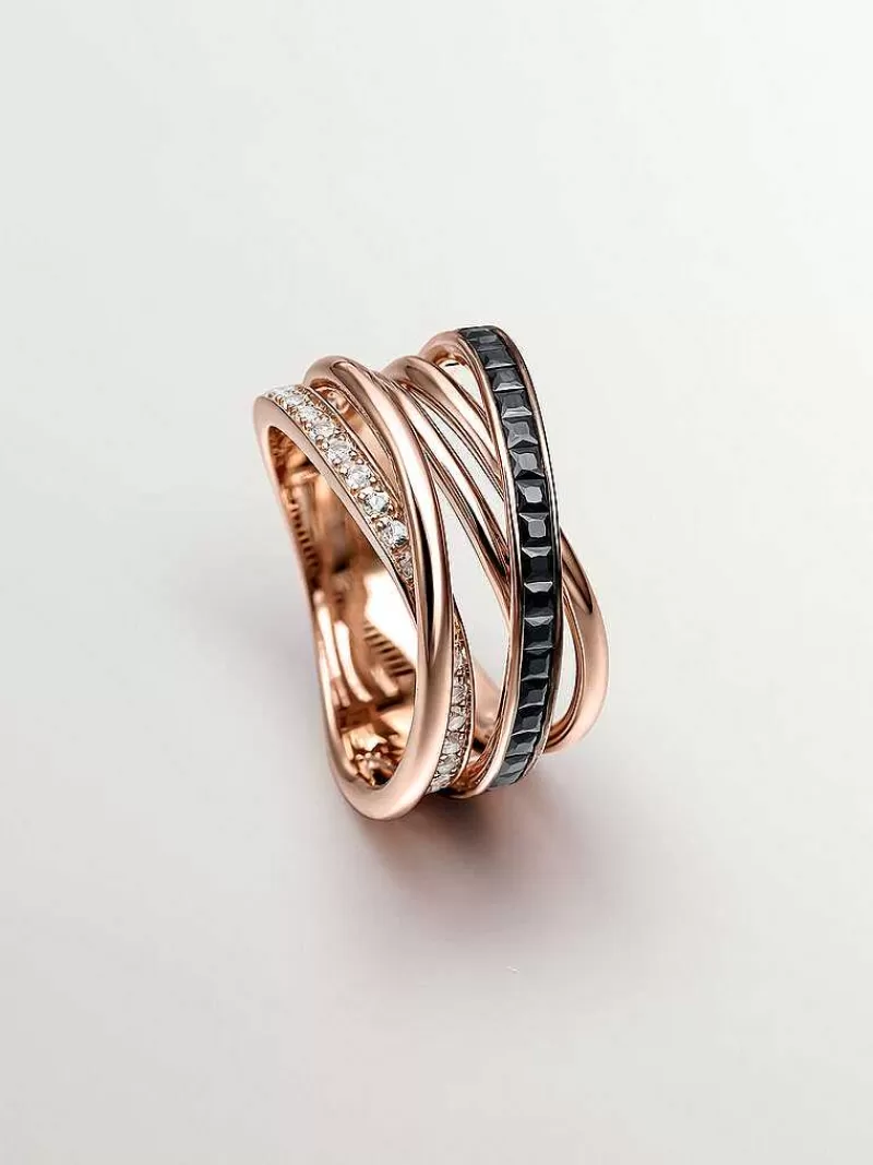 Aristocrazy Anillos De Plata-Anillo Multibrazo De Plata 925 Banada En Oro Rosa De 18K Con Topacios Blancos Y Espinelas Negras