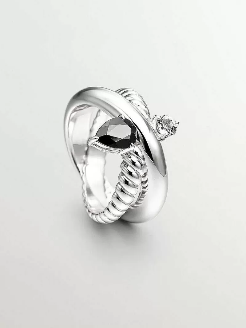 Aristocrazy Anillos De Plata-Anillo Multibrazo De Plata 925 Con Espinela Negra Y Topacio Blanco
