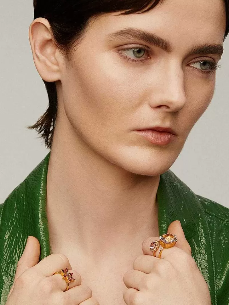 Aristocrazy Anillos De Plata-Anillo Tipo Cocktail De Plata 925 Banada En Oro Amarillo De 18K Con Amatista Rosa