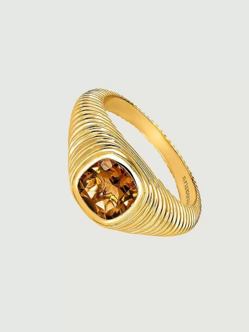Aristocrazy Anillos Sello-Anillo Tipo Sello De Plata 925 Banada En Oro Amarillo De 18K Con Cuarzo Marron Y Textura Gallonada