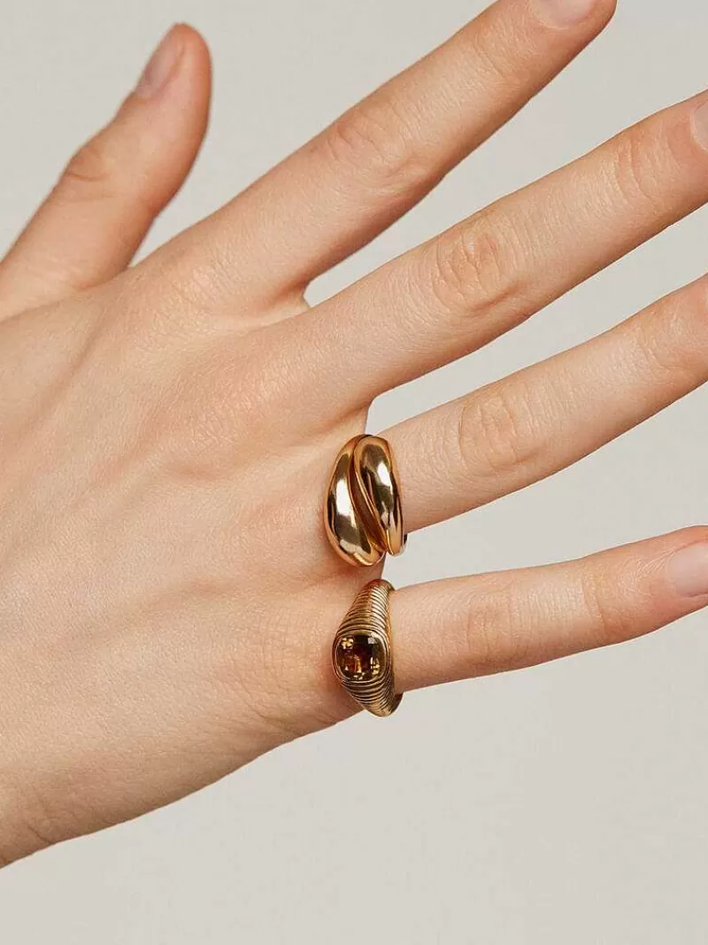 Aristocrazy Anillos Sello-Anillo Tipo Sello De Plata 925 Banada En Oro Amarillo De 18K Con Cuarzo Marron Y Textura Gallonada