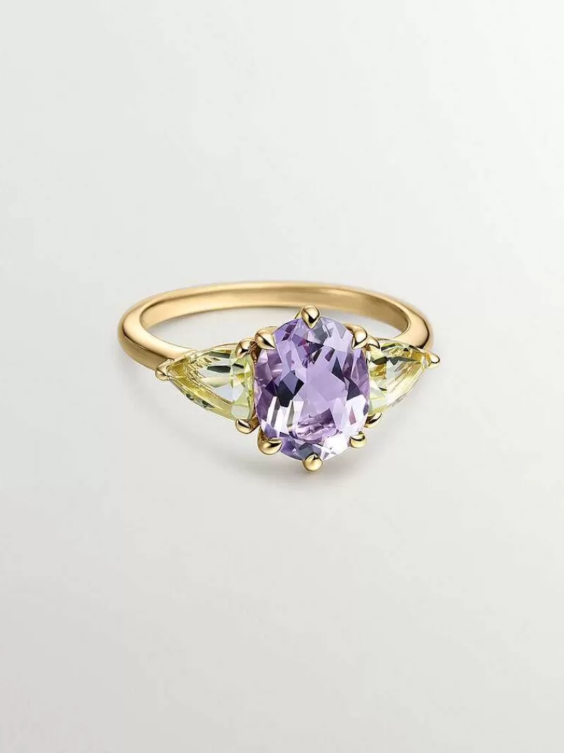 Aristocrazy Anillos De Plata-Anillo Tresillo De Plata 925 Banada En Oro Amarillo De 18K Con Amatista Morada Y Cuarzos Amarillos