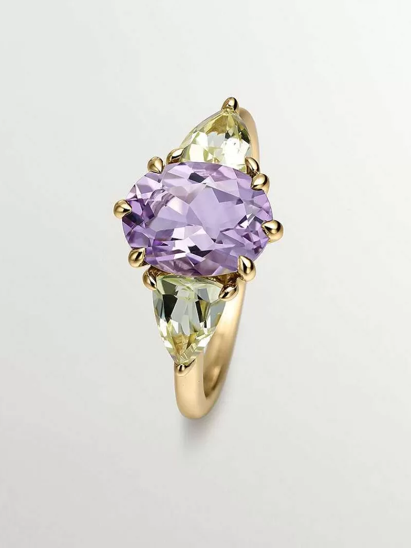 Aristocrazy Anillos De Plata-Anillo Tresillo De Plata 925 Banada En Oro Amarillo De 18K Con Amatista Morada Y Cuarzos Amarillos