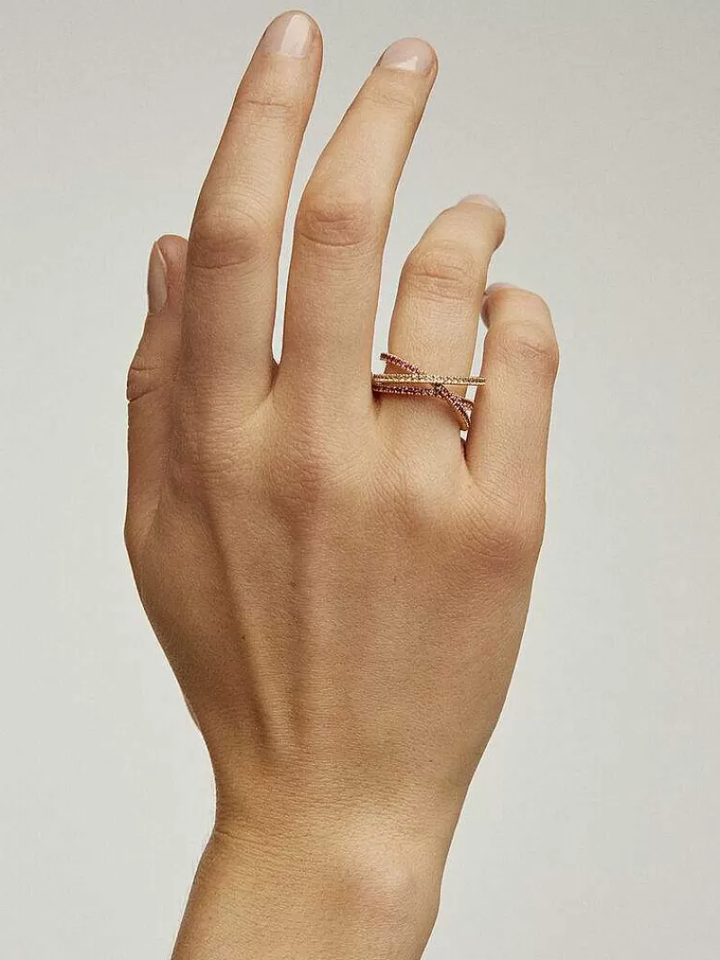 Aristocrazy Anillos De Plata-Anillo Triple Cruzado De Plata 925 Banada En Oro Amarillo De 18K Con Topacios Blancos Y Rodolitas Moradas