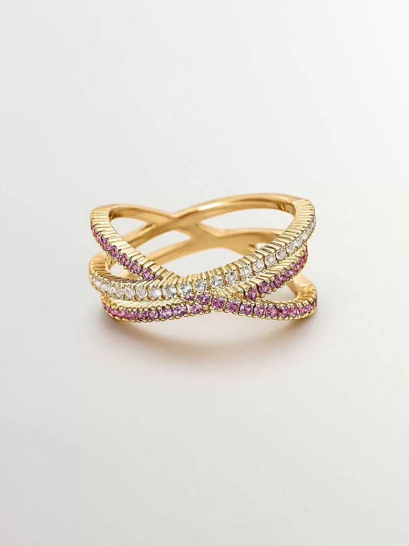 Aristocrazy Anillos De Plata-Anillo Triple Cruzado De Plata 925 Banada En Oro Amarillo De 18K Con Topacios Blancos Y Rodolitas Moradas