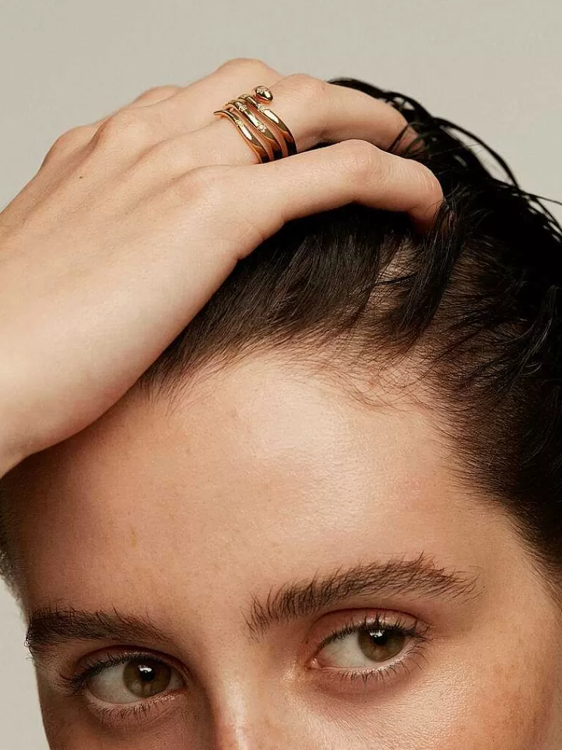 Aristocrazy Anillos De Plata-Anillo Triple De Plata 925 Banada En Oro Amarillo De 18K Con Forma De Serpiente Y Topacios Blancos