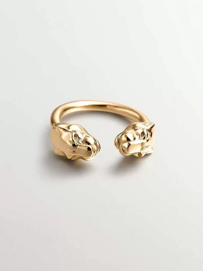 Aristocrazy Anillos De Plata-Anillo Tu Y Yo De Plata 925 Banada En Oro Amarillo De 18K Con Cabezas De Pantera