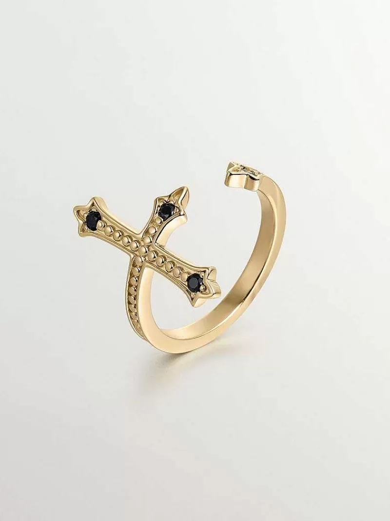Aristocrazy Anillos De Plata-Anillo Tu Y Yo De Plata 925 Banada En Oro Amarillo De 18K Con Forma De Cruz Y Espinelas Negras