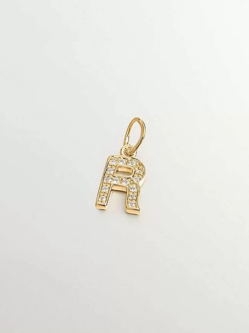 Aristocrazy Charms De Letras-Charm De Plata 925 Banada En Oro Amarillo De 18K Y Topacios Blancos Inicial R
