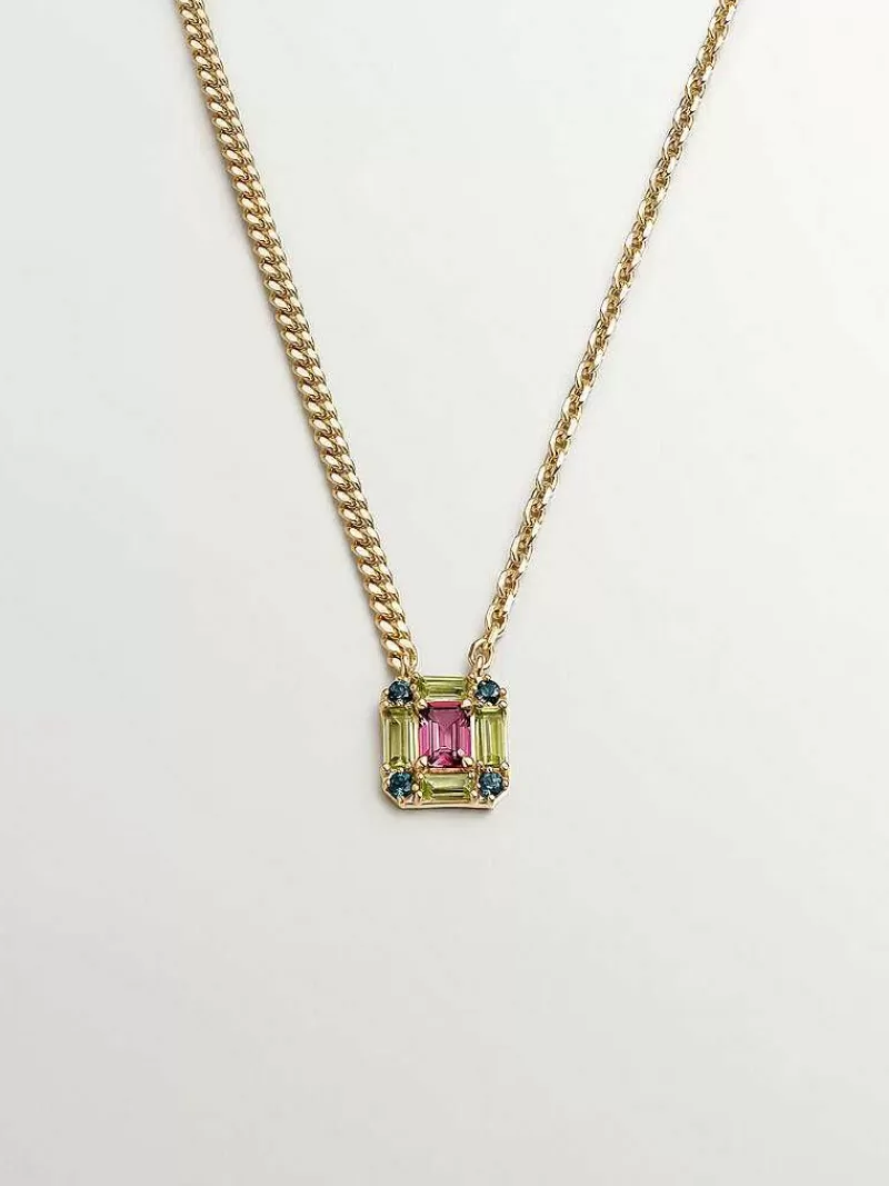 Aristocrazy Collares De Plata-Colgante De Plata 925 Banada En Oro Amarillo De 18K Con Rodolita Rosa, Topacio Azul London Y Peridoto Verde