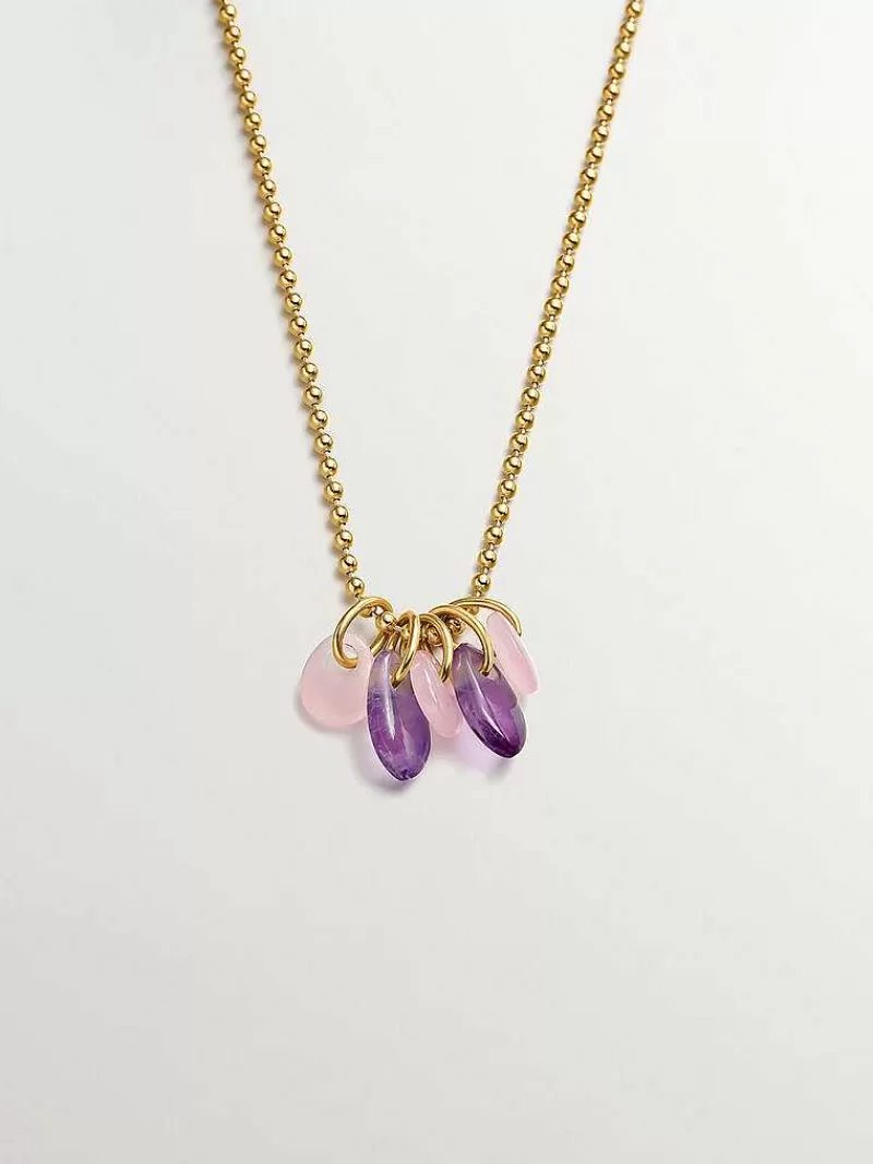 Aristocrazy Collares De Plata-Collar De Plata 925 Banada En Oro Amarillo De 18K Con Amatista Morada Y Agata Rosa