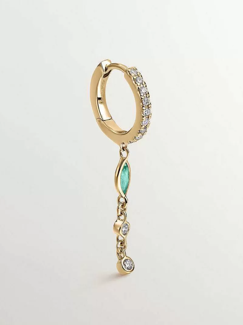 Aristocrazy Pendientes Por Unidad-Pendiente Individual De Aro Pequeno De Oro Amarillo De 9K Con Cadena De Diamantes Y Esmeralda