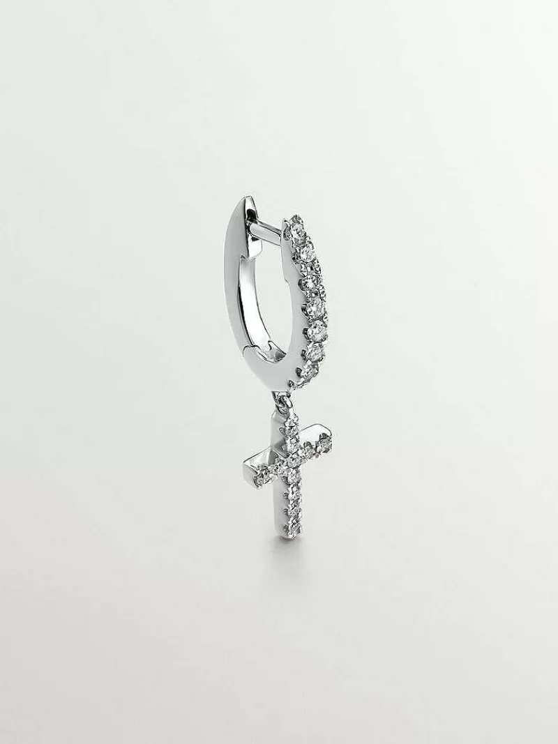 Aristocrazy Pendientes Por Unidad-Pendiente Individual De Oro Blanco De 18K Con Diamantes Y Cruz