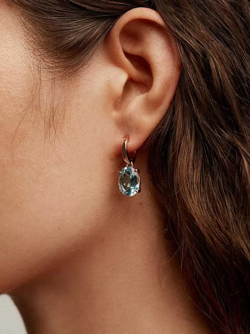Aristocrazy Pendientes De Plata-Pendientes De Aro Grandes De Plata 925 Banada En Oro Rosa De 18K Con Topacio Azul Sky