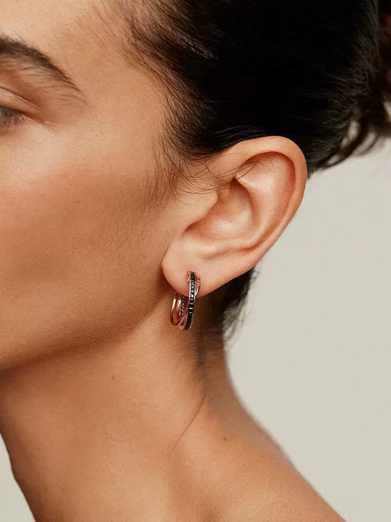 Aristocrazy Pendientes De Aro-Pendientes De Aro Triple De Plata 925 Banada En Oro Rosa De 18K Con Espinelas Negras