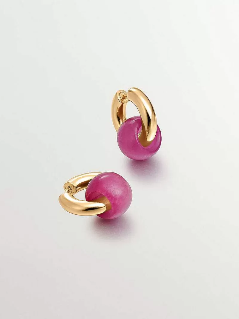 Aristocrazy Pendientes De Plata-Pendientes De Plata 925 Banada En Oro Amarillo De 18K Con Jade Rojo