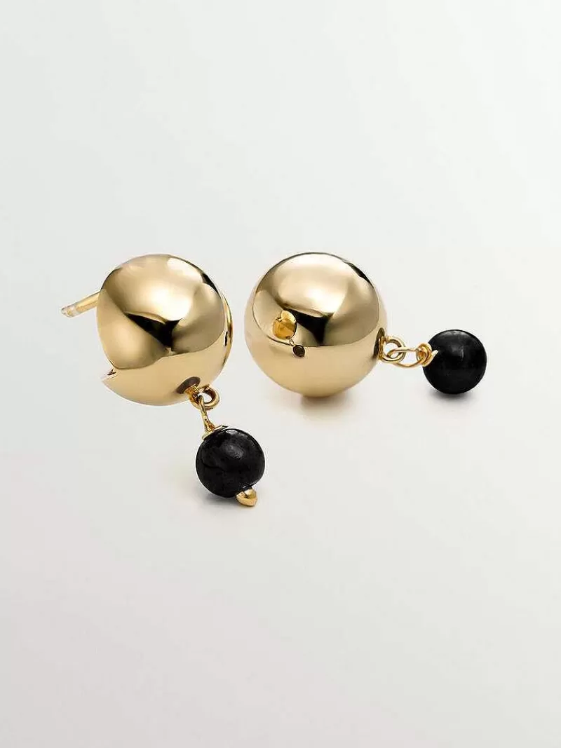 Aristocrazy Pendientes De Plata-Pendientes De Plata 925 Banada En Oro Amarillo De 18K Con Onix Negro