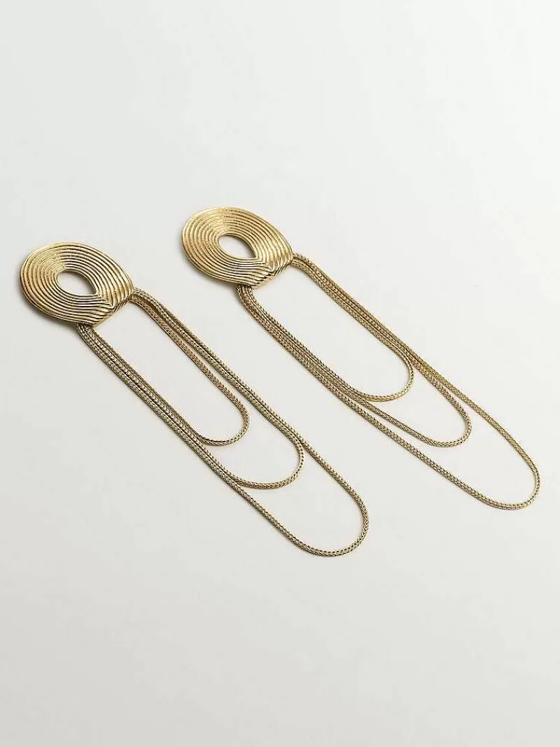 Aristocrazy Pendientes De Plata-Pendientes Grandes De Plata 925 Banada En Oro Amarillo De 18K Con Relieve Y Cadenas