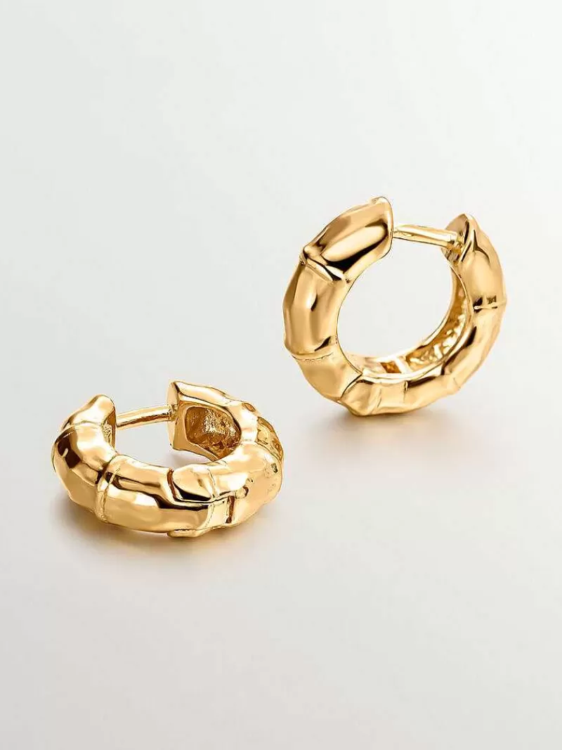 Aristocrazy Pendientes De Aro-Pendientes Pequenos De Aro De Plata 925 Banada En Oro Amarillo De 18K Con Textura De Bambu