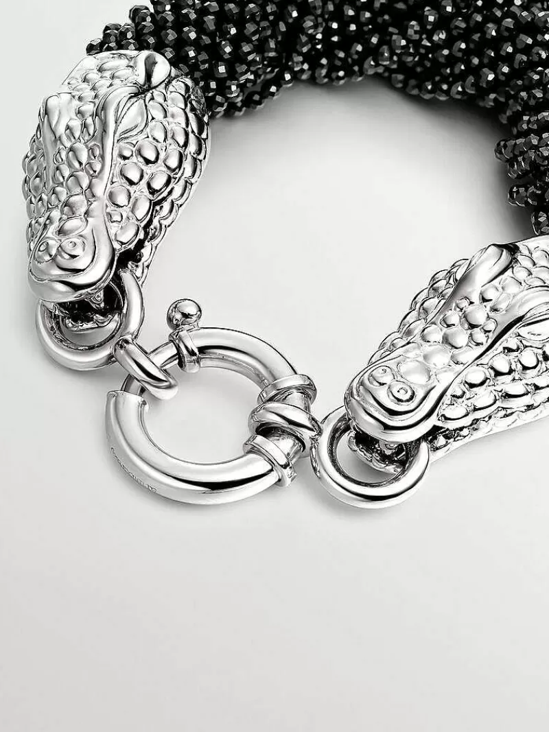 Aristocrazy Brazaletes Y Pulseras Rígidas-Pulsera De Plata 925 Y Espinelas Negras Con Forma De Cabezas De Cocodrilo